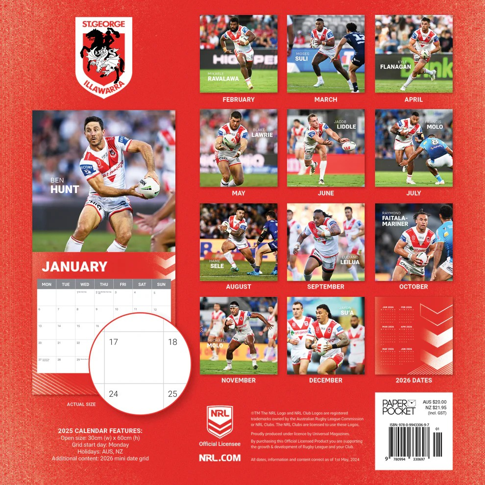 NRL St. George Illawarra Dragons 2025 Calendar