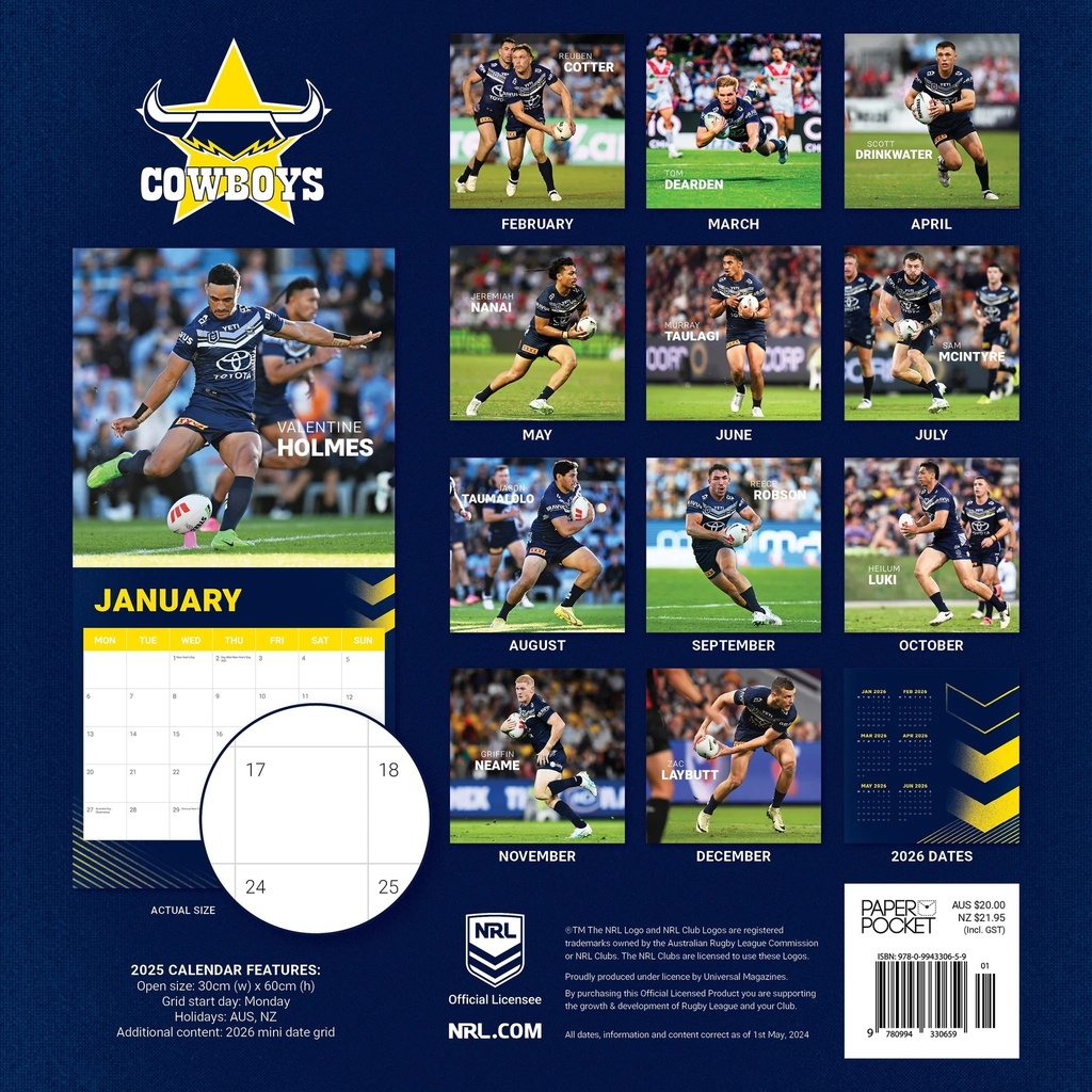 NRL North Queensland Cowboys 2025 Calendar