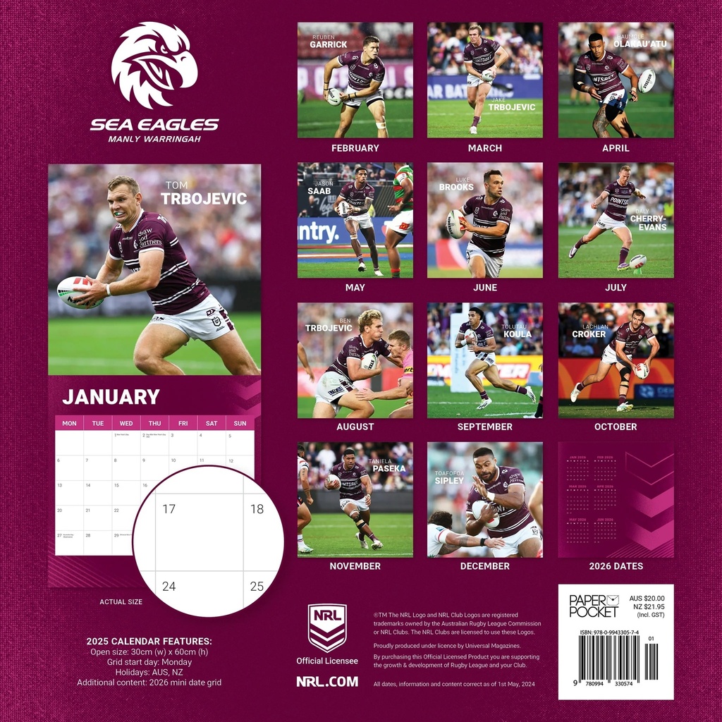 NRL Manly Warringah Sea Eagles 2025 Calendar