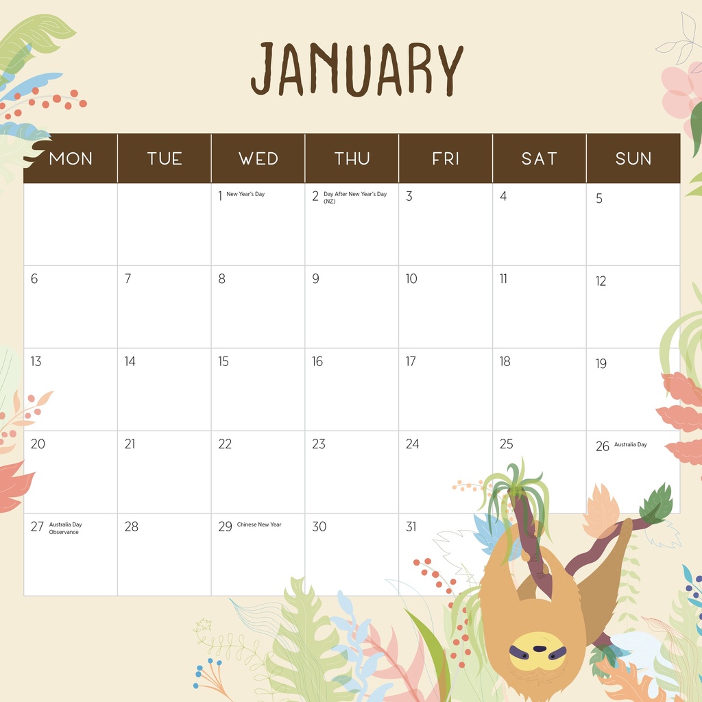 Sloths 2025 Calendar