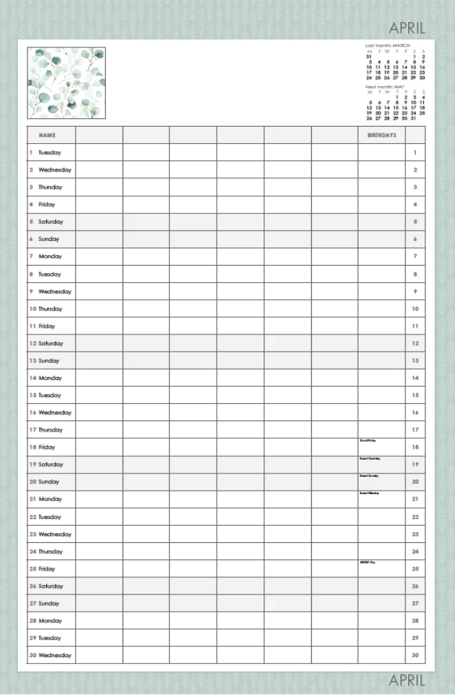 Botanical Family Planner 2025 Calendar