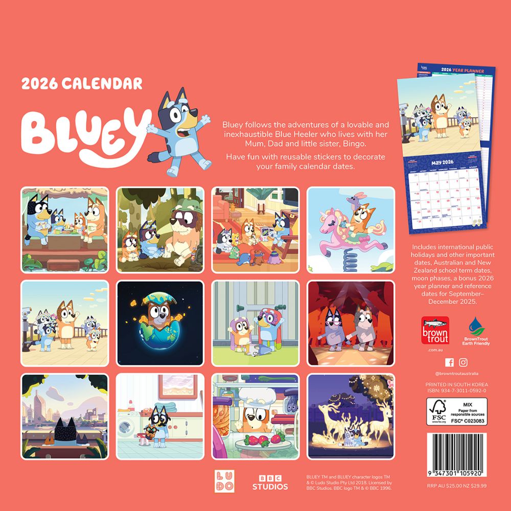 2026 Bluey Square Wall Calendar - BrownTrout (Official with Stickers)