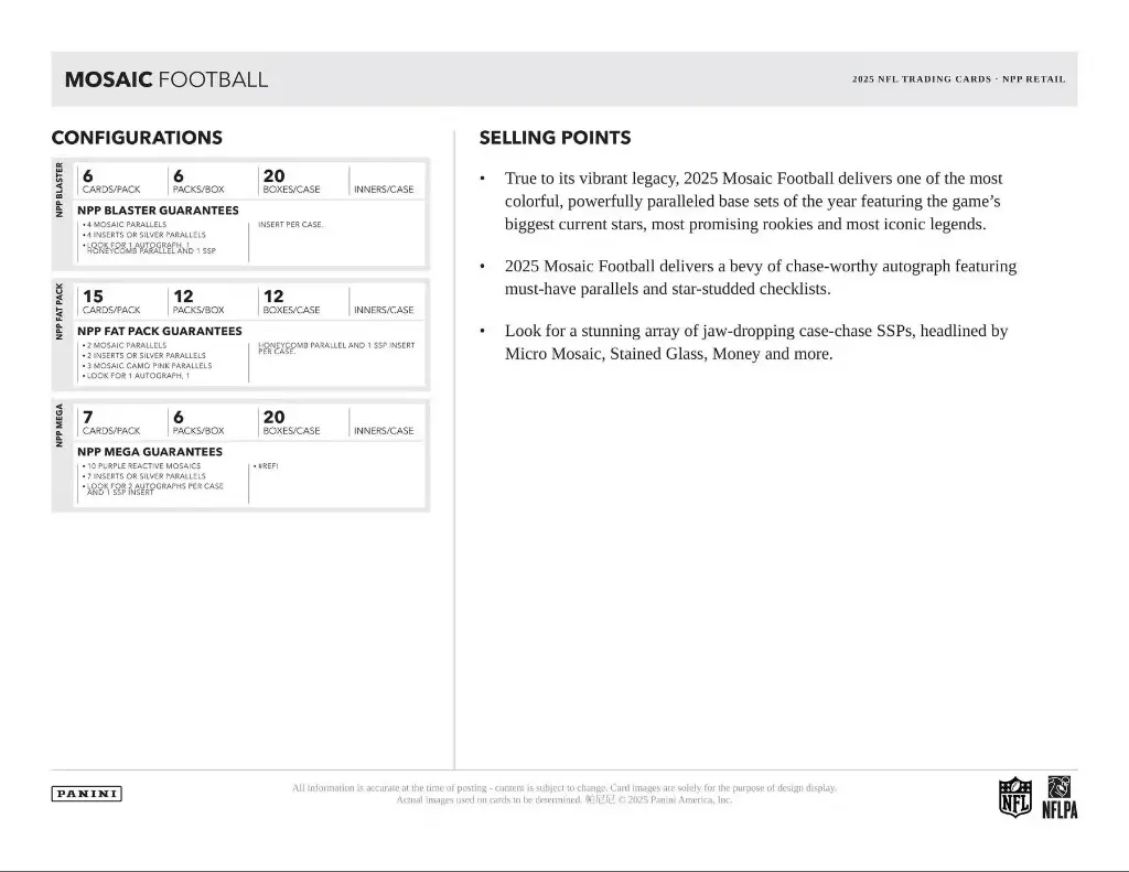 2025 Panini Mosaic NFL Football Trading Card Fat Pack (15 Cards)