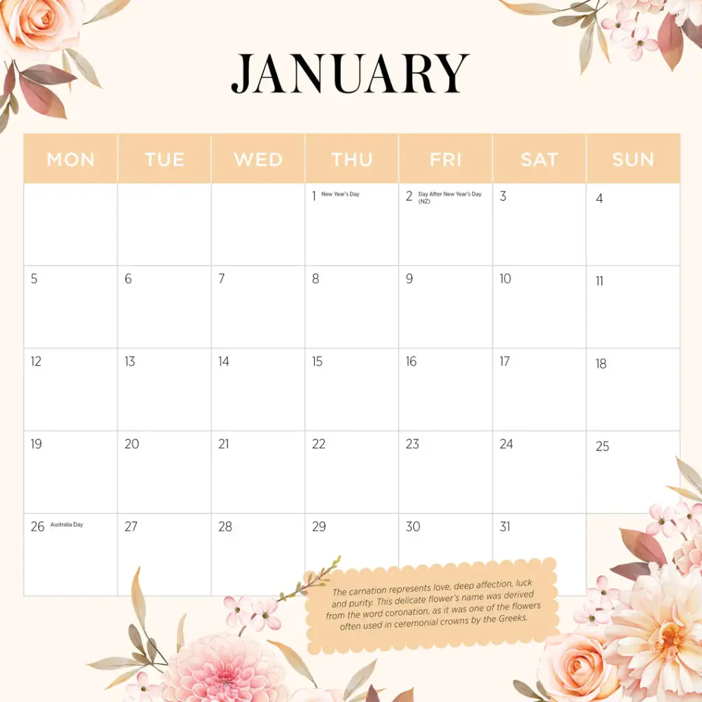 Flower of the Month 2026 Calendar