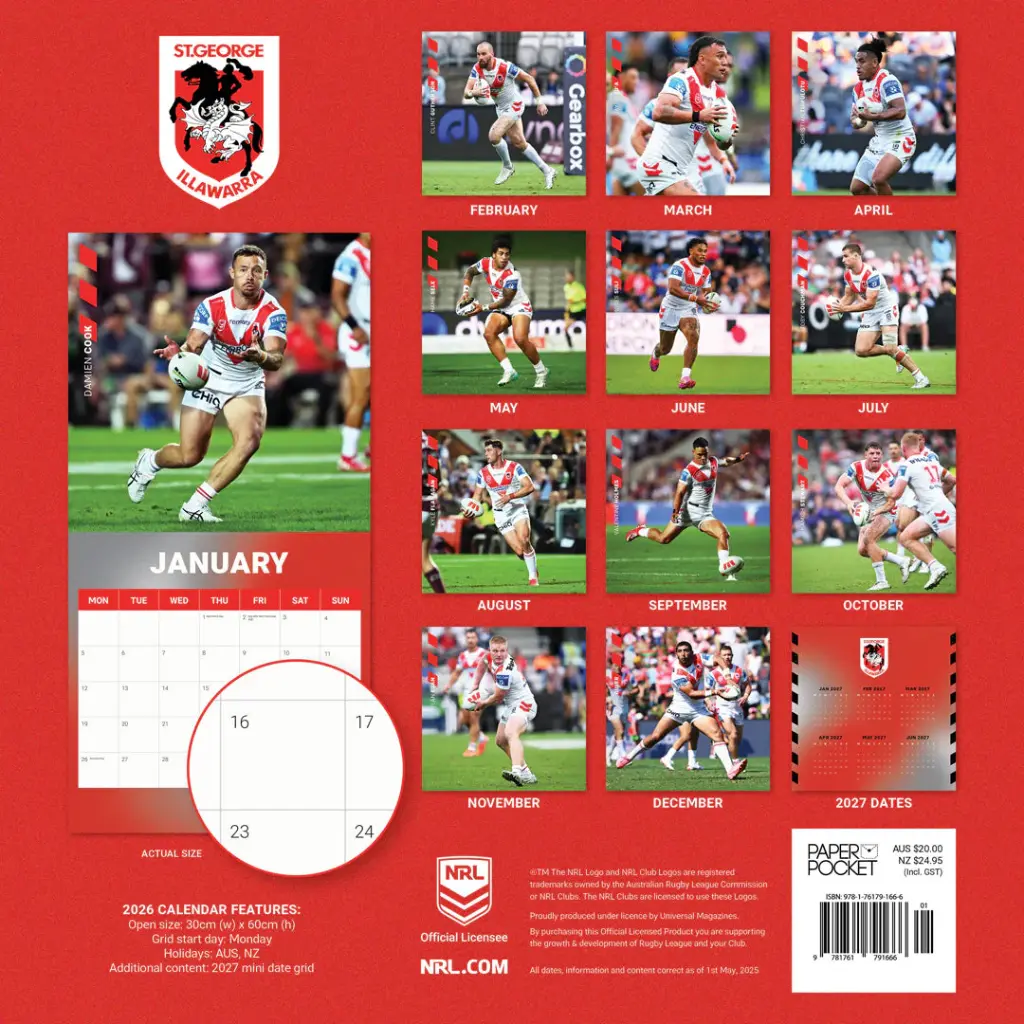 NRL St. George Illawarra Dragons 2026 Calendar