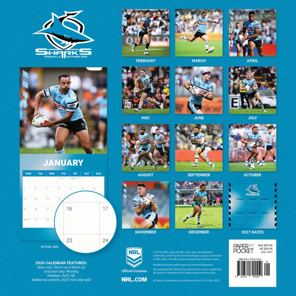 Paper Pocket NRL Cronulla Sharks 2026 Calendar