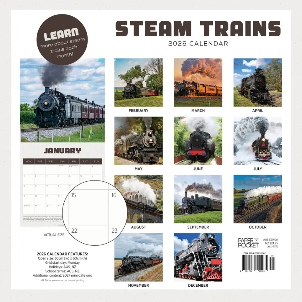 Paper Pocket Steam Trains 2026 Calendar
