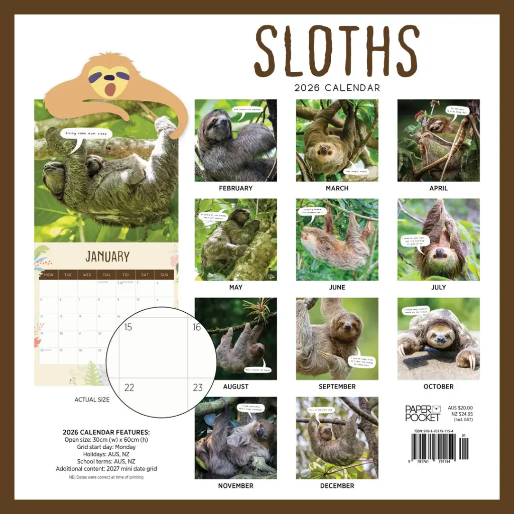 Paper Pocket Sloths 2026 Calendar