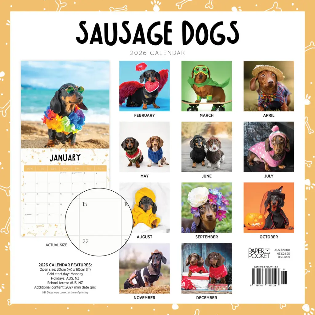 Paper Pocket Sausage Dogs 2026 Calendar