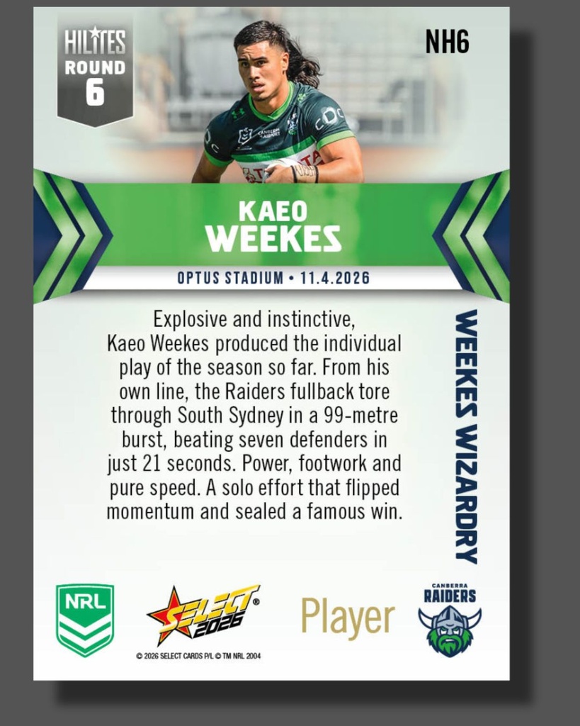 Select Australia 2026 NRL Hilites Round 6 Card Kaeo Weekes Canberra Raiders