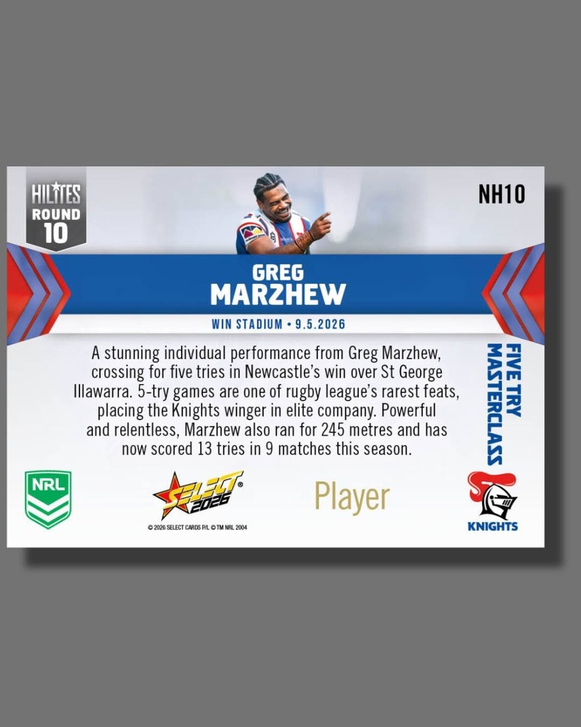 Select Australia 2026 NRL Hilites Round 10 Card Greg Marzhew Newcastle Knights
