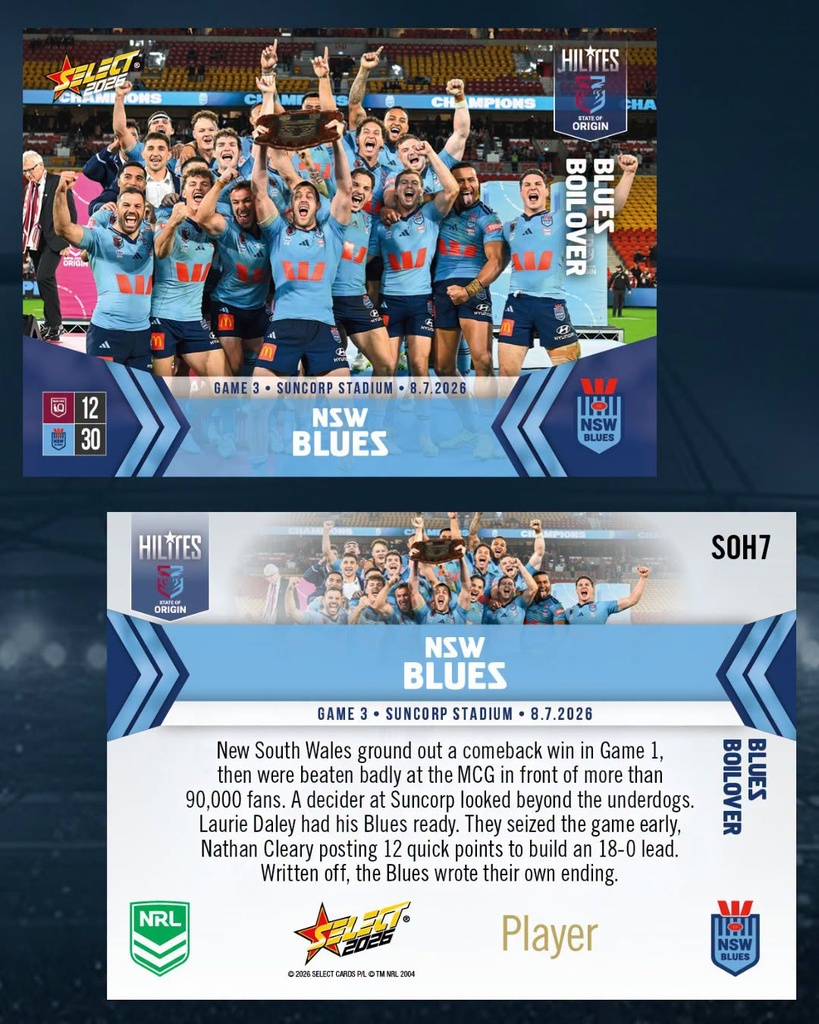 Select Australia 2026 NRL Hilites State of Origin Game 3 Card Blues Boilover NSW Blues