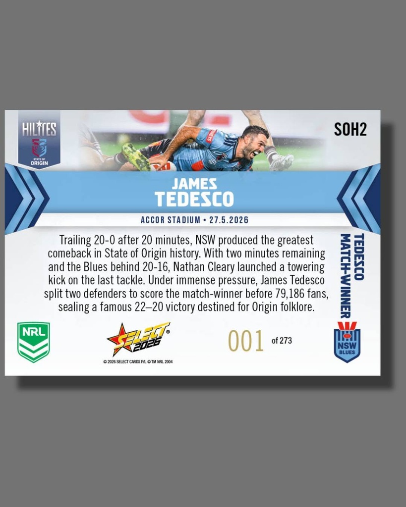 Select Australia 2026 NRL Hilites State of Origin Game 1 Card James Tedesco NSW Blues