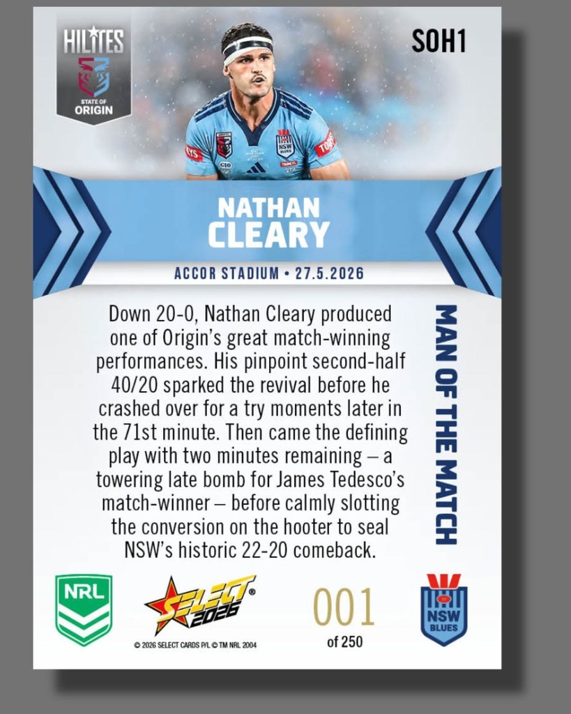 Select Australia 2026 NRL Hilites State of Origin Game 1 Card Nathan Cleary NSW Blues
