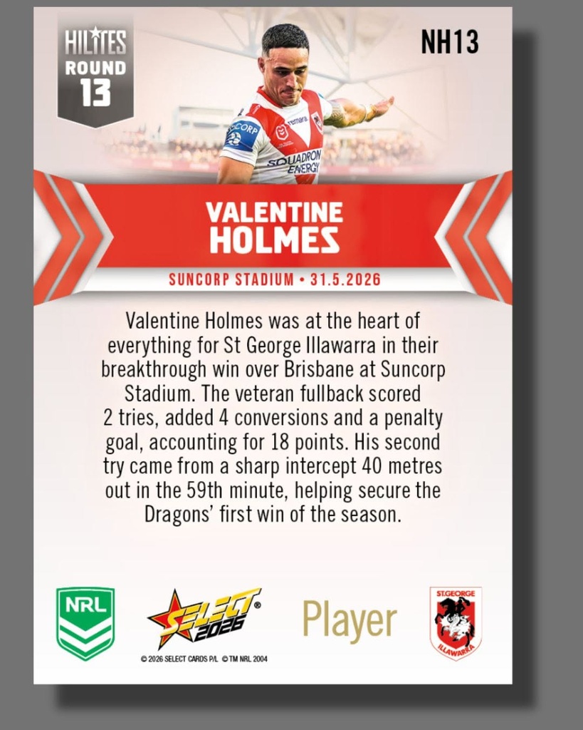 Select Australia 2026 NRL Hilites Round 13 Card Valentine Homes St. George Illawarra Dragons