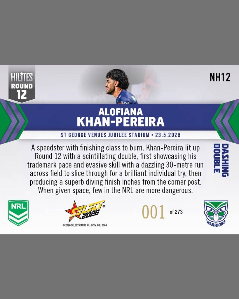 Select Australia 2026 NRL Hilites Round 12 Card Alofiana Khan-Pereira New Zealand Warriors