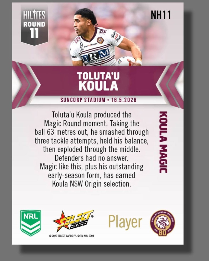 Select Australia 2026 NRL Hilites Round 11 Card Tolata'u Koula Manly-Warringah Sea Eagles