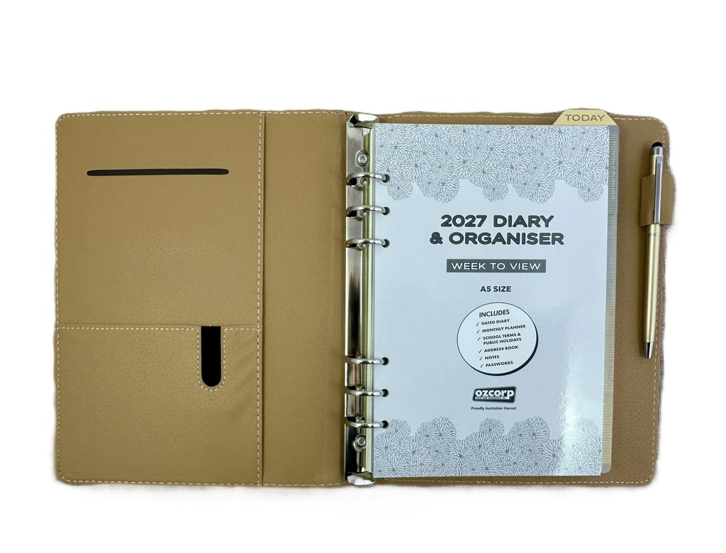 2027 Diary A5 Week-To-View (WTV) Slim Spiral Organiser with Pen - Olive Green
