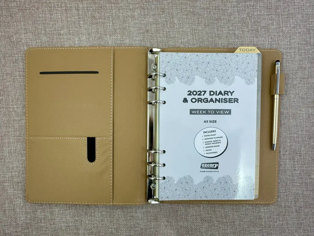 2027 Diary A5 Week-To-View (WTV) Slim Spiral Organiser with Pen - Olive Green
