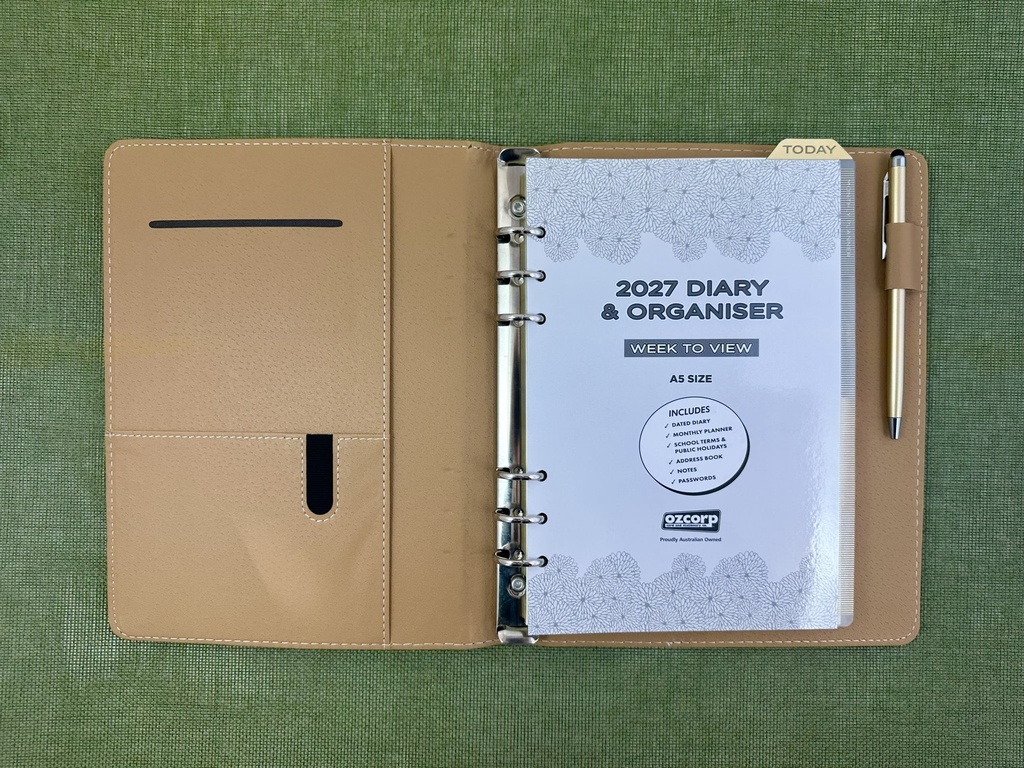 2027 Diary A5 Week-To-View (WTV) Slim Spiral Organiser with Pen - Croc Tan