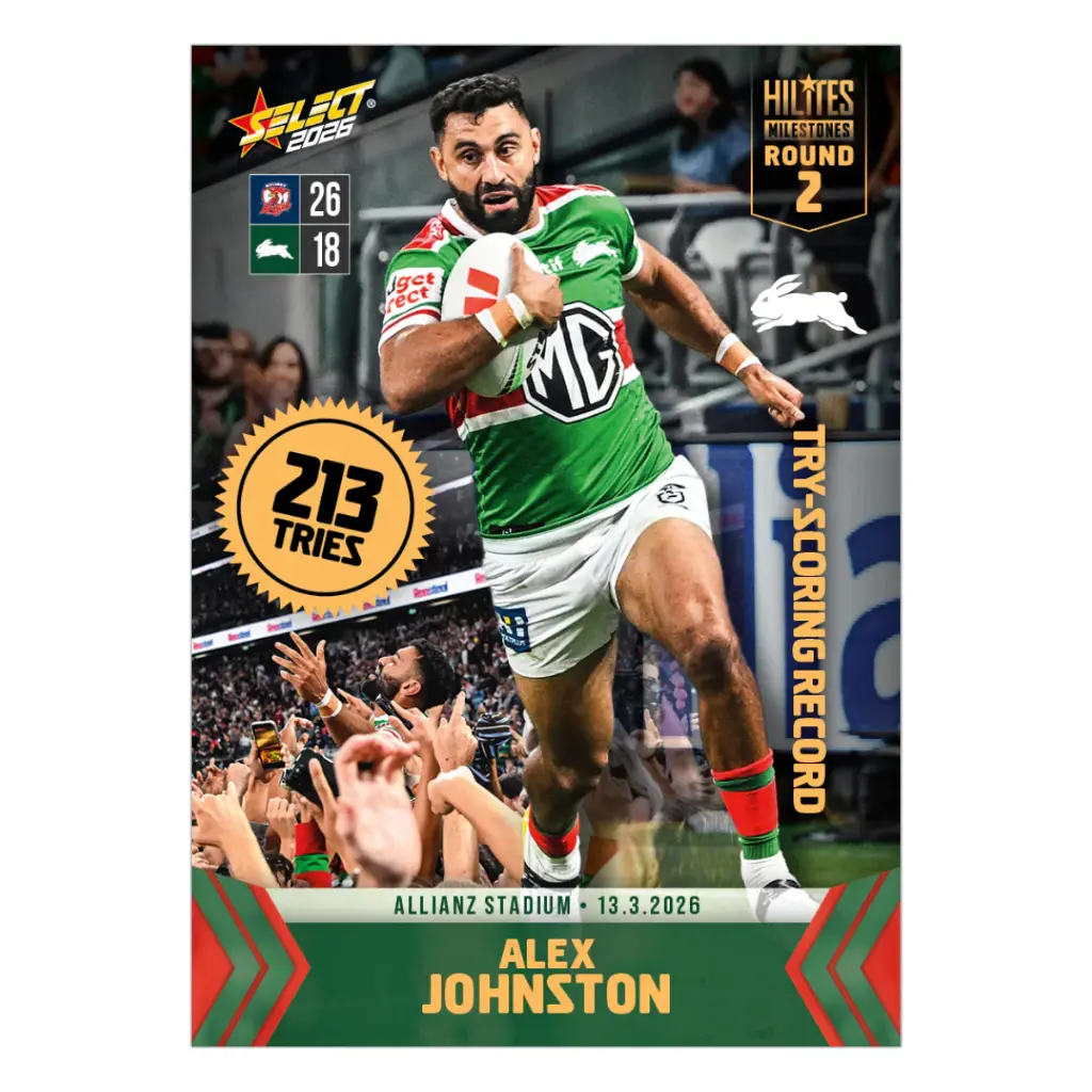 Select Australia 2026 NRL Hilites Round 2 Milestone Card Alex Johnston South Sydney Rabbitohs