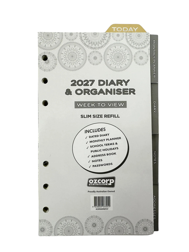 2027 Diary and Organizer Slim Size Week-To-View (WTV) Refill