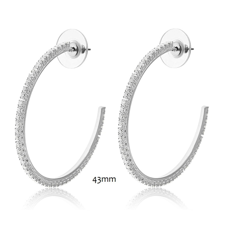 Jantan - Metal 43mm Hoop with Cubic Zirconia Crystals Earrings (Silver)