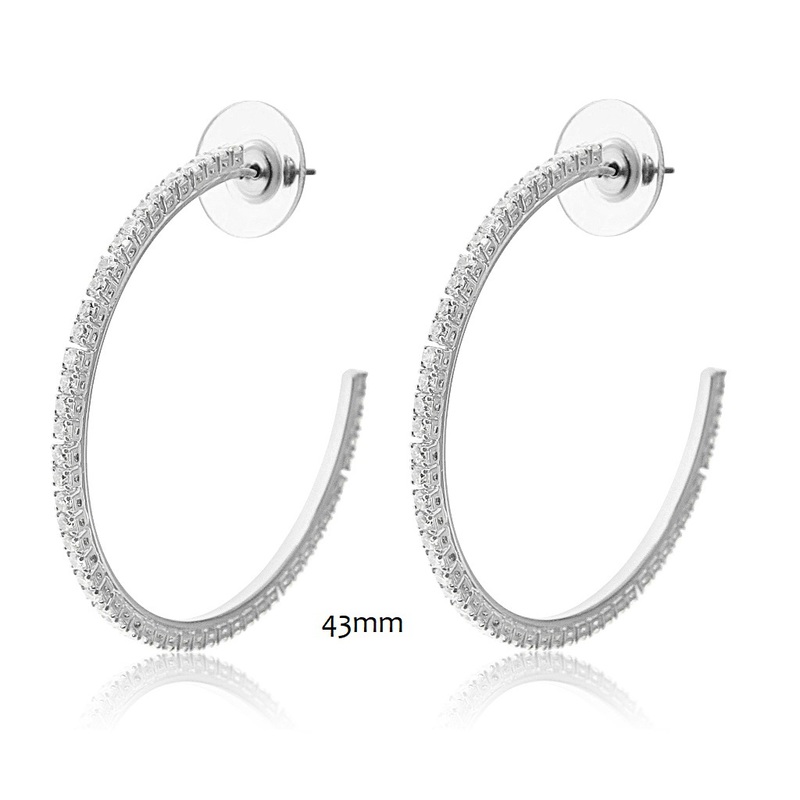Metal 43mm Hoop w/ Cubic Zirconia Crystals Earrings (Silver) - Jantan