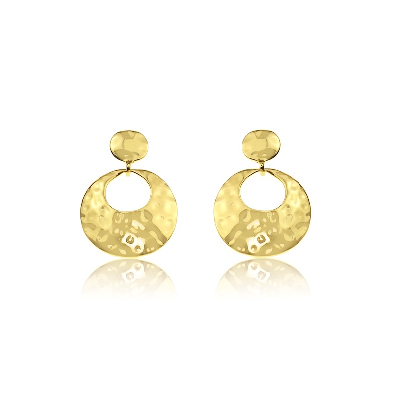 Jantan - Metal Hammered Finished Drop On Round Top Earrings (Gold)