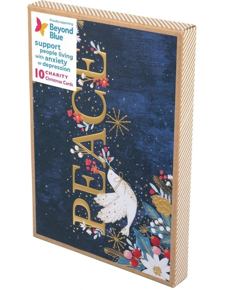 Simson Boxed Christmas Cards (Beyond Blue Charity Pack of 10) - Peace Typography with Dove