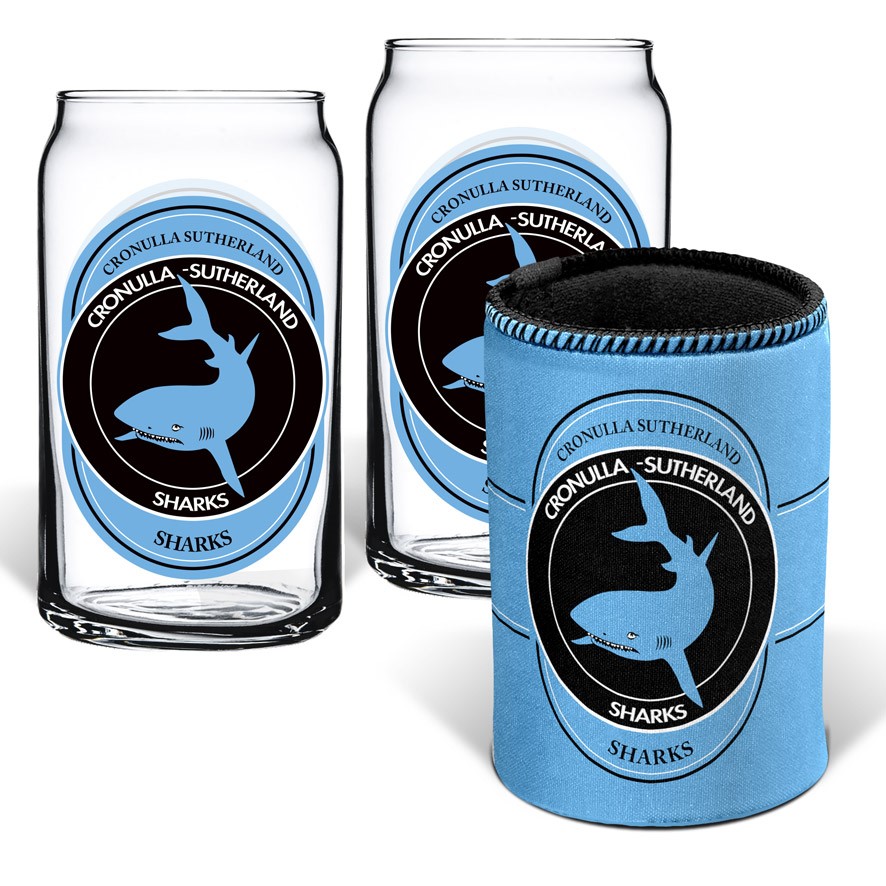 NRL Cronulla-Sutherland Sharks 2 Glasses & Can Cooler Gift Pack