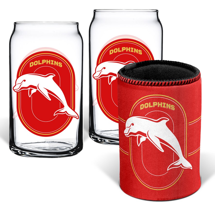 NRL Dolphins 2 Glasses & Can Cooler Gift Pack