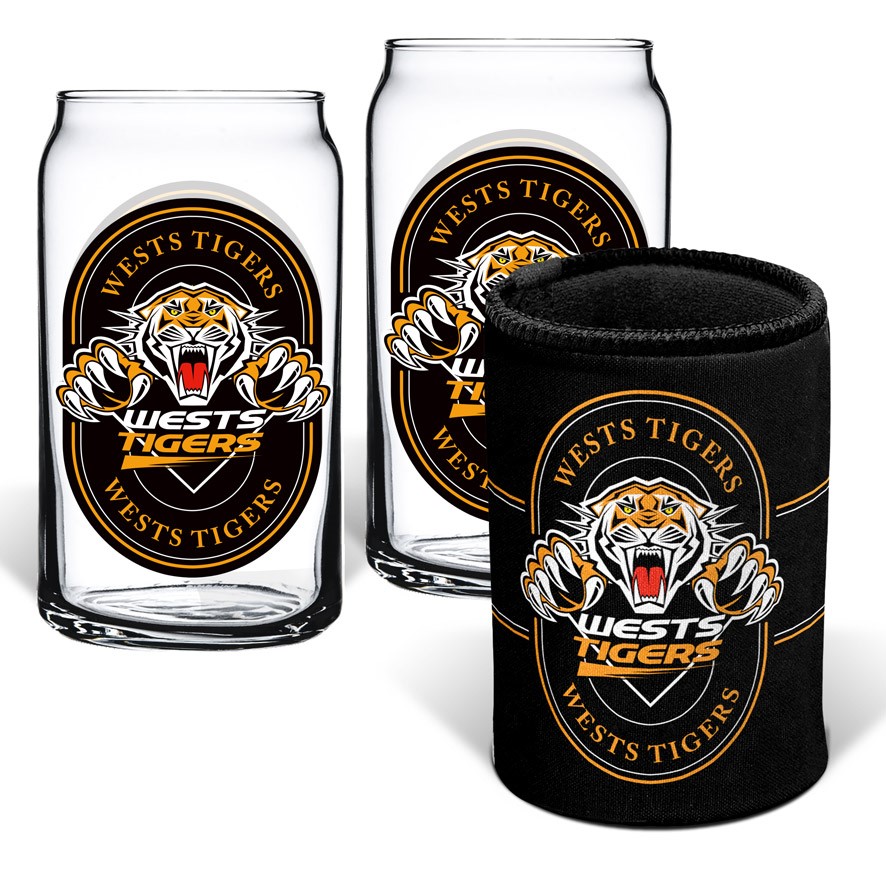 NRL Wests Tigers 2 Glasses & Can Cooler Gift Pack