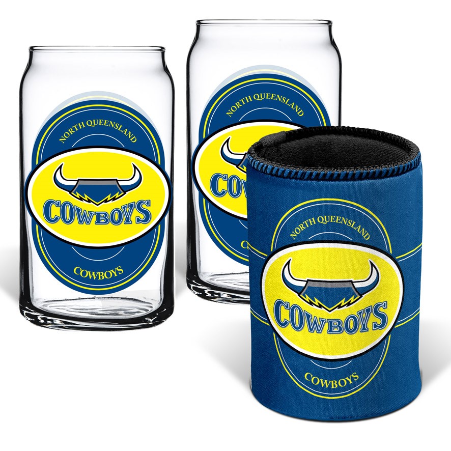 NRL North Queensland Cowboys 2 Glasses & Can Cooler Gift Pack