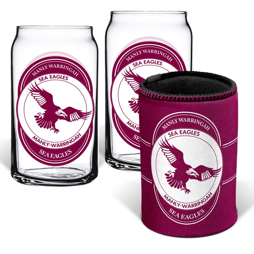 NRL Manly-Warringah Sea Eagles 2 Glasses & Can Cooler Gift Pack