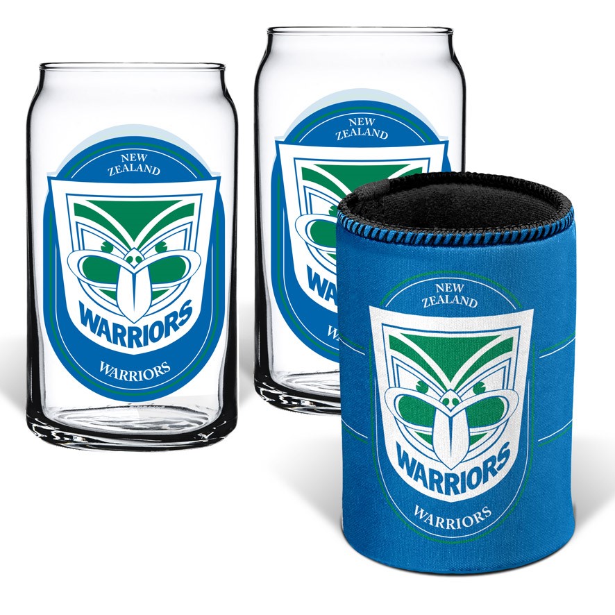NRL New Zealand Warriors 2 Glasses & Can Cooler Gift Pack