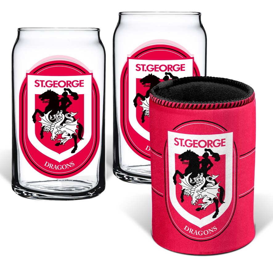 NRL St. George Illawarra Dragons 2 Glasses & Can Cooler Gift Pack