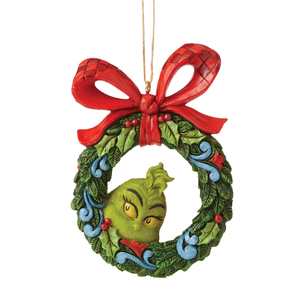 Dr Seuss The Grinch: Grinch Peeking Through Wreath Hanging Ornament - Disney Traditions by Jim Shore