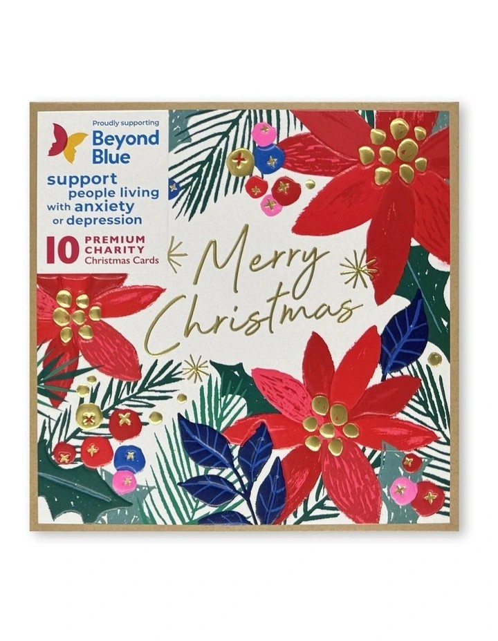 Simson Boxed Christmas Cards (Beyond Blue Charity Pack of 10) - Poinsettia Collage