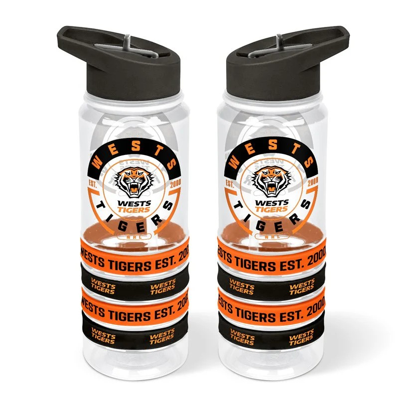 NRL Wests Tigers Drink Bottle with Wrist Bands