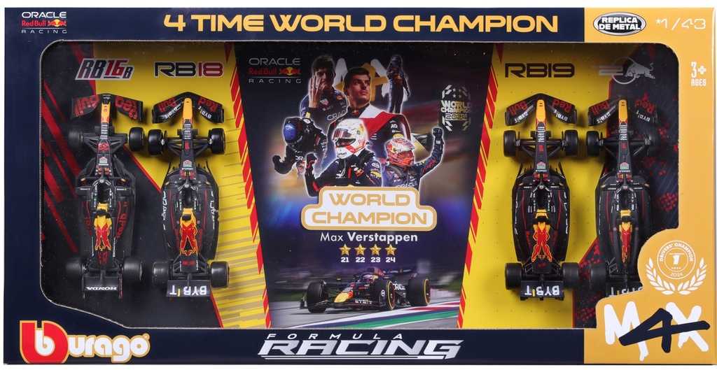 Bburago F1 Verstappen Number #1 Four World Championships 2021 2022 2023 2024 4 Piece Gift Set 1:43 Scale