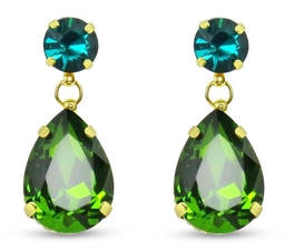 [EQ103FG] Metal With Glass Round And Tear Drop Stones Pierced Drop Earrings - Gold / Fern Green Tone