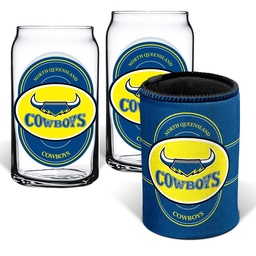 [NRL4001AC] NRL North Queensland Cowboys 2 Glasses & Can Cooler Gift Pack